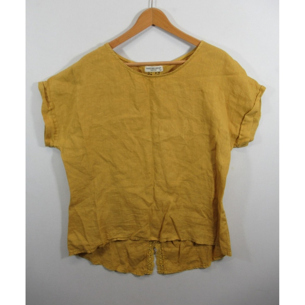 Terzo Millennio Crochet Linen Tunic Top Women L Mustard Yellow Italy Boho Dolman